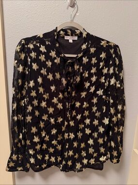Black Sheer Blouse with Gold Star Print